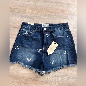 Blue and White Jean Shorts with embroidery and Distressed Hem